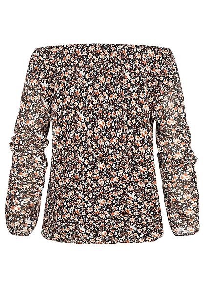 Styleboom Fashion Damen Off-Shoulder Bluse mit Blumen Print schwarz orange