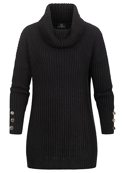 Styleboom Fashion Dames lange vorm trui met rolkraag en sierknopen zwart - Art.-Nr.: 21116967