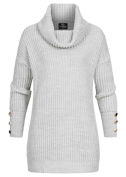 Styleboom Fashion Dames lange vorm trui met rolkraag en sierknopen zilver
