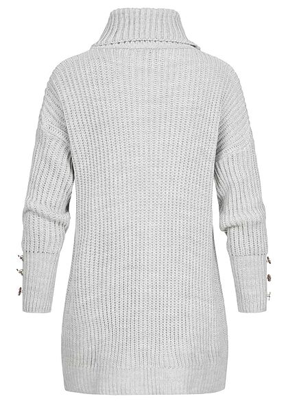 Styleboom Fashion Dames lange vorm trui met rolkraag en sierknopen zilver