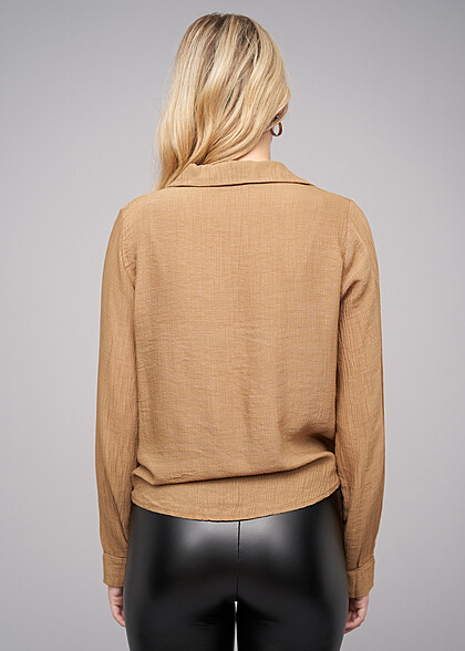 Cloud5ive Dames Blouse met gestructureerde stof en binddetail aan de voorkant camel bruin