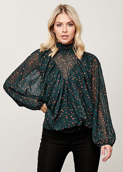Cloud5ive Dames Chiffon Blouse met opstaande kraag en vleugelmouwen leo print groen bruin