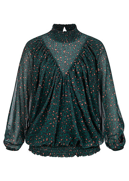 Cloud5ive Dames Chiffon Blouse met opstaande kraag en vleugelmouwen leo print groen bruin
