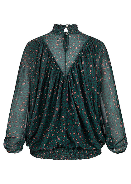 Cloud5ive Dames Chiffon Blouse met opstaande kraag en vleugelmouwen leo print groen bruin