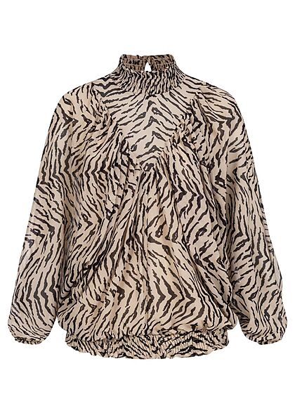 Cloud5ive Dames Chiffon Blouse met opstaande kraag en vleugelmouwen zebra print beige