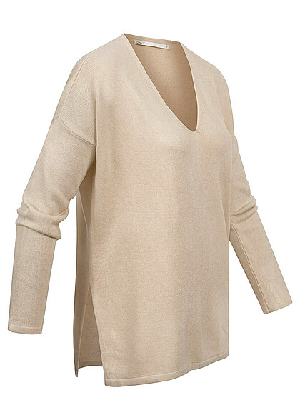 ONLY Dames Gebreide trui met v-hals en zijsplitten beige