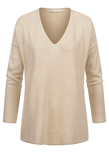 ONLY Dames Gebreide trui met v-hals en zijsplitten beige