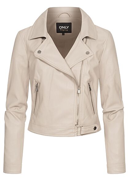 ONLY Dames NOOS Bikerjack van kunstleder met asymmetrische rits en 2 zakken lichtbeige