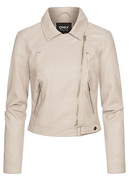 ONLY Dames NOOS Bikerjack van kunstleder met asymmetrische rits en 2 zakken lichtbeige