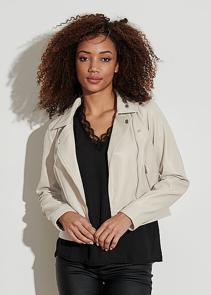 ONLY Dames NOOS Bikerjack van kunstleder met asymmetrische rits en 2 zakken lichtbeige