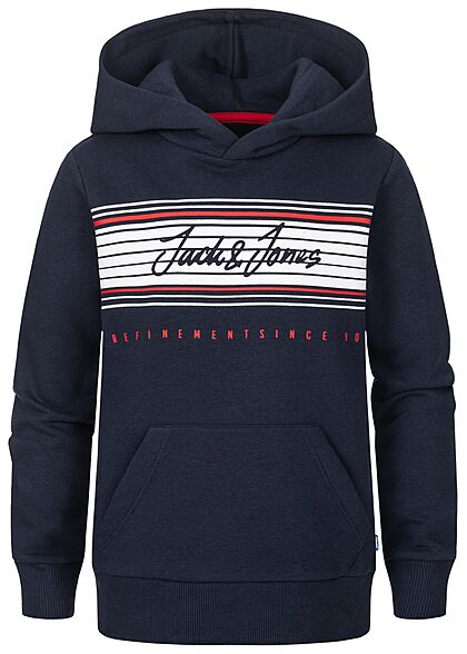 Jack and Jones Junior Jongens Hoodie met voorzak en logoprint marineblauw