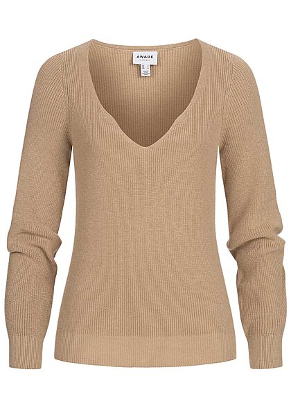 Aware by Vero Moda Dames Gebreide trui met V-hals en ballonmouwen beige