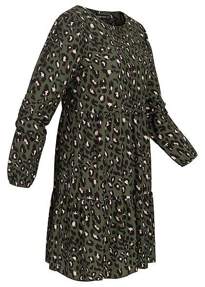 Cloud5ive Dames Korte Crep Dress met leo-opdruk groen en zwart