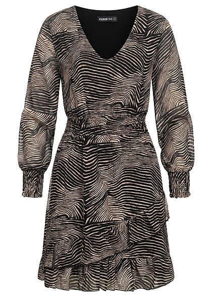 Cloud5ive Dames Korte jurk met v-hals en elastiek in tailleband zebraprint zwart en beige