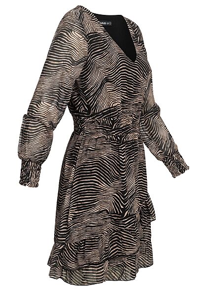 Cloud5ive Dames Korte jurk met v-hals en elastiek in tailleband zebraprint zwart en beige