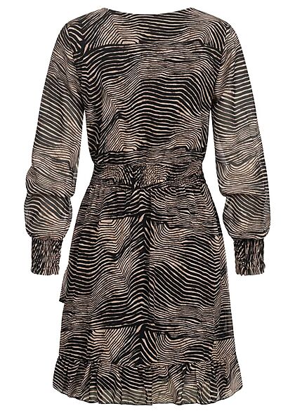 Cloud5ive Dames Korte jurk met v-hals en elastiek in tailleband zebraprint zwart en beige