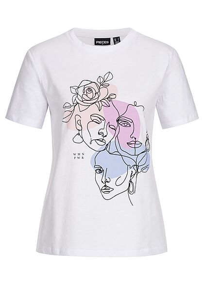 Pieces Dames T-Shirt met 3 gezichten opdruk wit