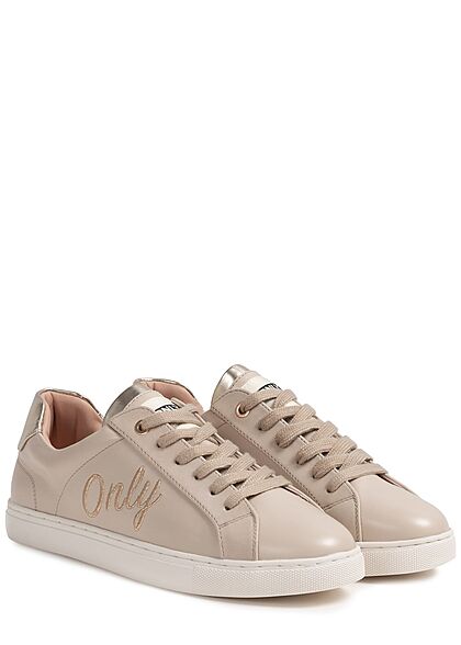 ONLY Dames Sneaker met veters en logopatch imitatieleer beige goud