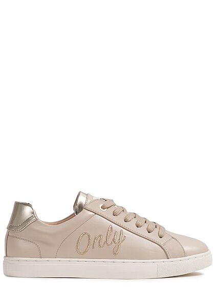 ONLY Dames Sneaker met veters en logopatch imitatieleer beige goud