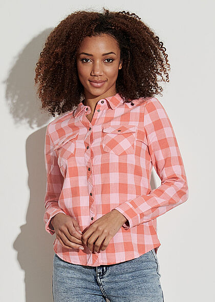 Trend Bijna Vel ONLY Dames Overhemd Blouse met knopen en 2 borstzakken geruit beige