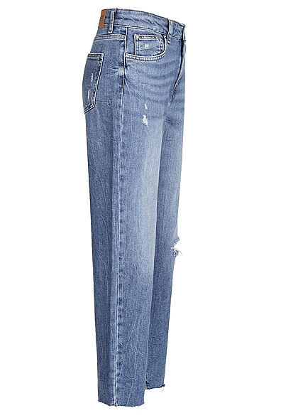 ONLY Dames NOOS Jeans Straight Fit hoge taille destroyed look 5 zakken blauw