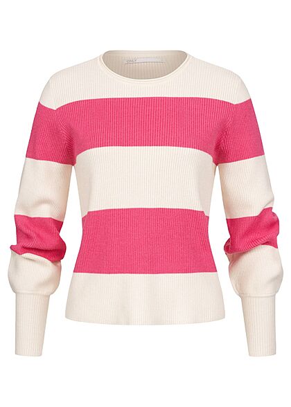 ONLY Dames Viscose Trui met geribde stof en strepen beige en roze