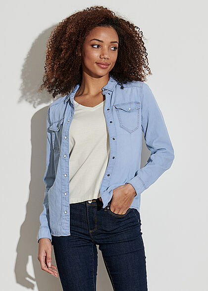 VILA Dames NOOS Basic Denim Shirt met 2 borstzakken medium blauw