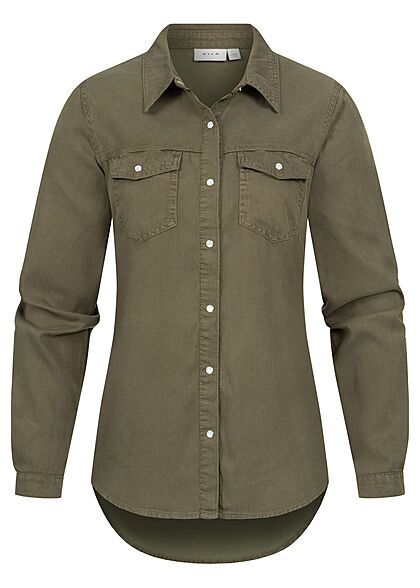 VILA Dames NOOS Basic Denim Shirt met 2 borstzakken olijfgroen - Art.-Nr.: 22010404