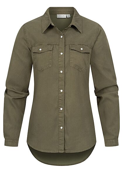 VILA Dames NOOS Basic Denim Shirt met 2 borstzakken olijfgroen