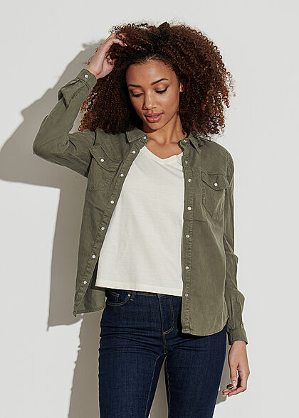 VILA Dames NOOS Basic Denim Shirt met 2 borstzakken olijfgroen