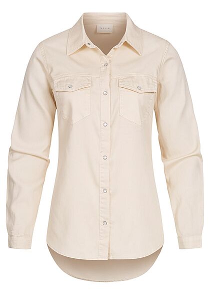 VILA Dames NOOS Basic denim overhemd met 2 borstzakken beige