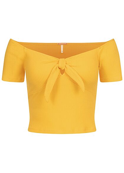 Aiki Dames Kort T-shirt met knoop en structuurstof geel
