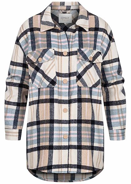 ONLY Dames Overhemd jas met 2 borstzakken geruit marineblauw beige