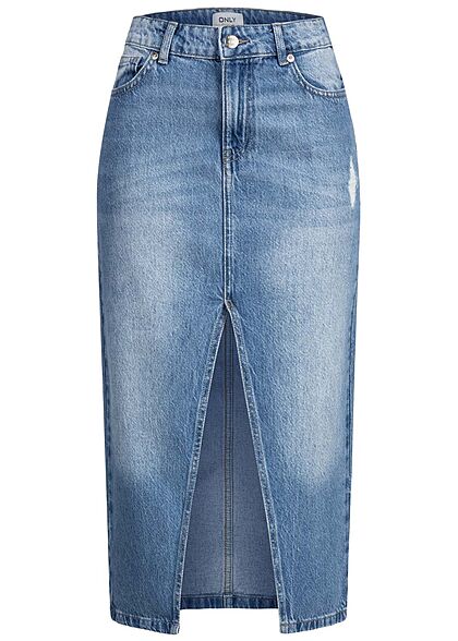 ONLY Dames Jeans Rok met 5 zakken en diepe uitsnijding aan de voorkant blauw - Art.-Nr.: 22020628