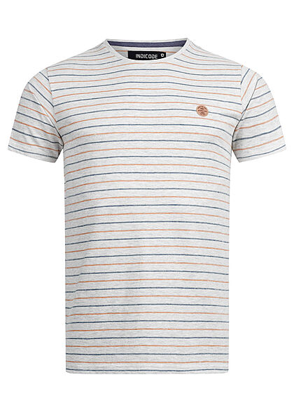 Indicode Heren T-Shirt met strepen en patch grijs blauw oranje - Art.-Nr.: 22020699