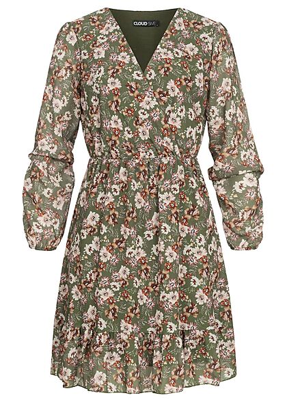 Cloud5ive Dames Chiffon Jurk met V-hals en bloemenprint groen