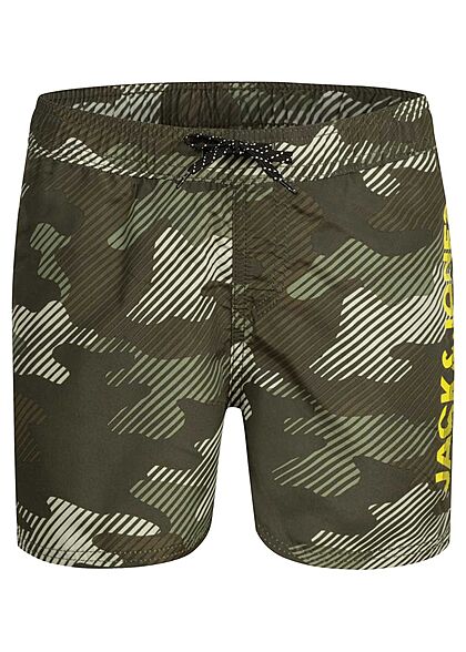 Jack and Jones Junior Zwemshort met logoprint camo groen wit