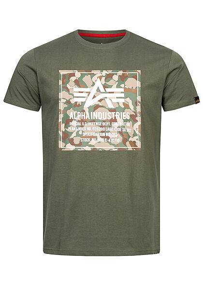 Alpha Industries Heren T-Shirt met logo-opdruk camouflage olijfgroen