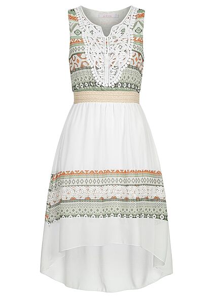Hotel De Ville Dames Chiffon Jurk met gehaakte rand en print mintgroen wit