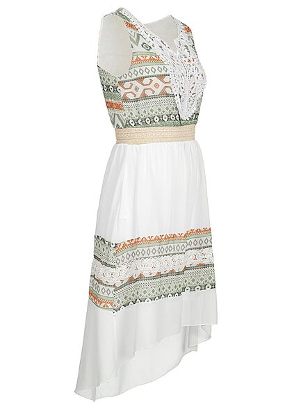Hotel De Ville Dames Chiffon Jurk met gehaakte rand en print mintgroen wit