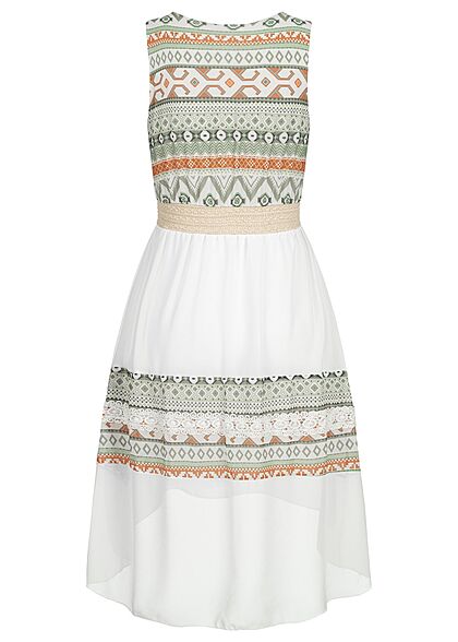 Hotel De Ville Dames Chiffon Jurk met gehaakte rand en print mintgroen wit