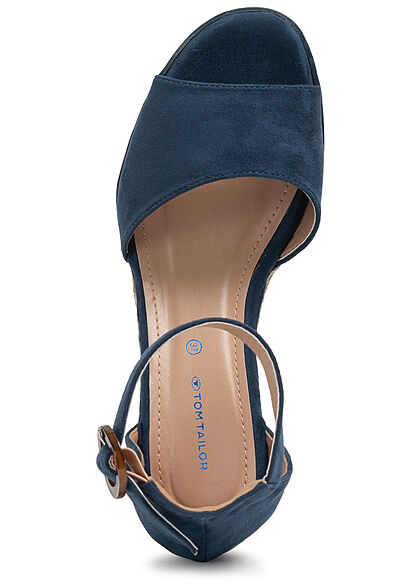 Tom Tailor Dames Sandaaltje in velourslook met hak van 6cm donkerblauw