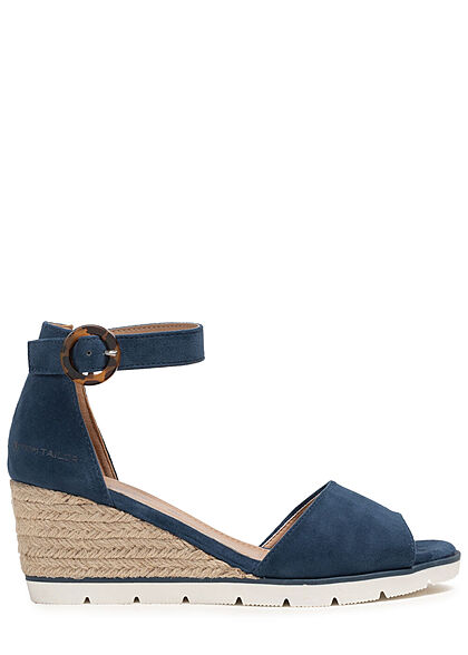 Tom Tailor Dames Sandaaltje in velourslook met hak van 6cm donkerblauw