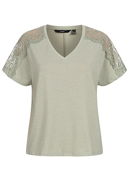 Vero Moda Dames T-shirt met V-hals en structuurstof grijsgroen
