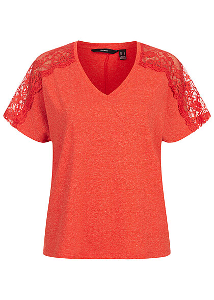 Vero Moda Dames T-shirt met V-hals en structuurstof oranje