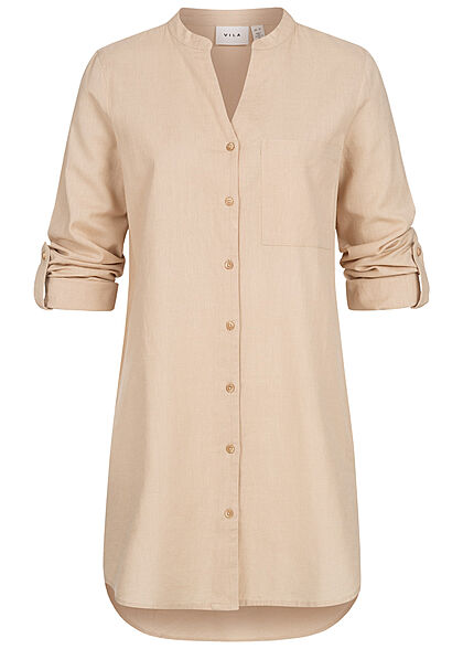 VILA Dames Tuniekshirt met omgeslagen mouwen en borstzakje beige