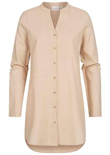 VILA Dames Tuniekshirt met omgeslagen mouwen en borstzakje beige