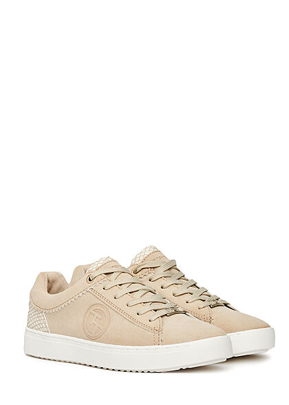 Tom Tailor Dames Sneaker met memory foam slangenleder look beige
