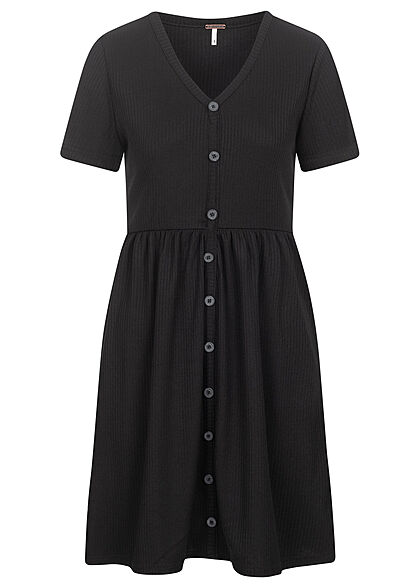 AIKI Damen Ribbed V-Neck Kleid mit Deko Knopfleiste schwarz