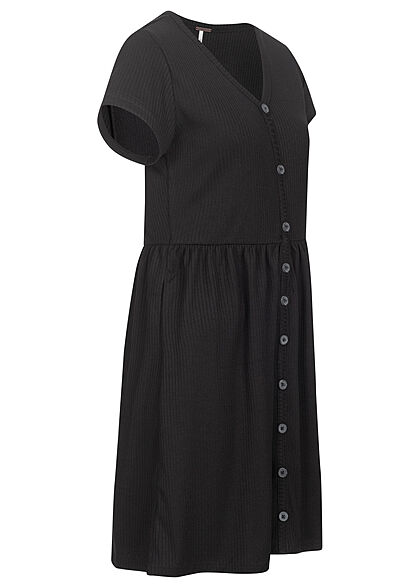 AIKI Damen Ribbed V-Neck Kleid mit Deko Knopfleiste schwarz